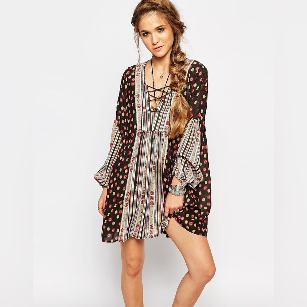 $128 FREE PEOPLE “Rain or Shine” Pebble Boho Long Sleeve Dress, Size Large